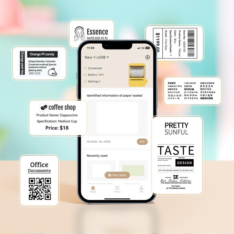 HPRT NEW1 Label Printer 2 Inch Portable Inkless Bluetooth Label Maker for Small Business, Home, School, Sticker Printer for Address, Logo, Barcode, Clothing, with Automatic Label Recognition（Yellow） - Image 4